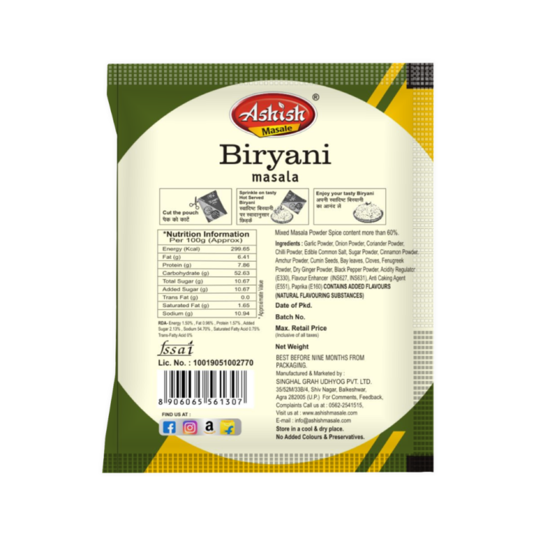 Ashish Biryani Masala nutrition information and ingredients list on pack back