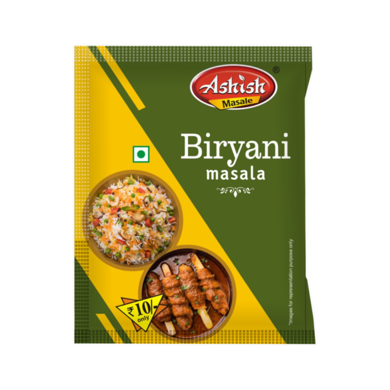 Ashish Biryani Masala front pack with biryani rice and skewers, MRP Rs 10