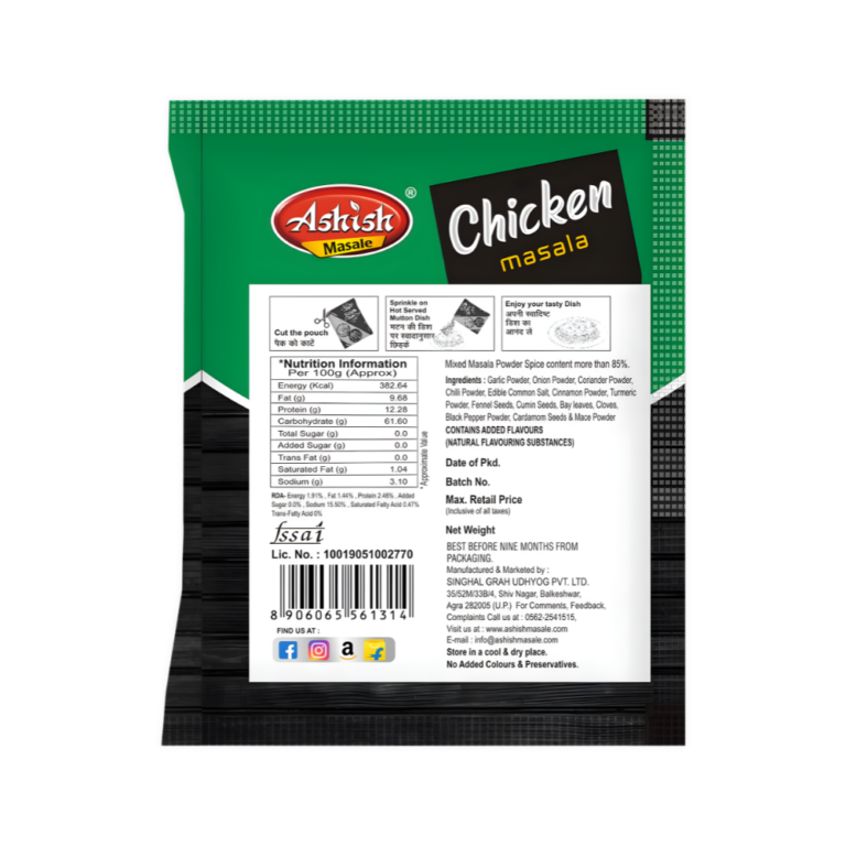 Ashish Chicken Masala nutrition information and ingredients on 20g pack back