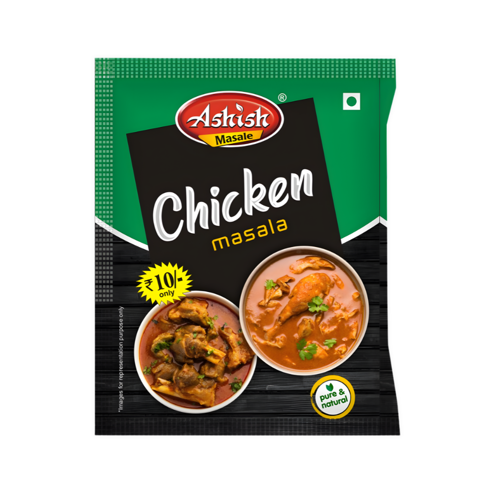 ashish-chicken-masala-pouch-front-20g Ashish Chicken Masala 20g pouch front pack with chicken curry image