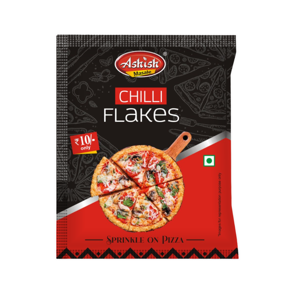 ashish-chilli-flakes-front-pack Ashish Chilli Flakes front pack with cheese pizza image, MRP Rs 10