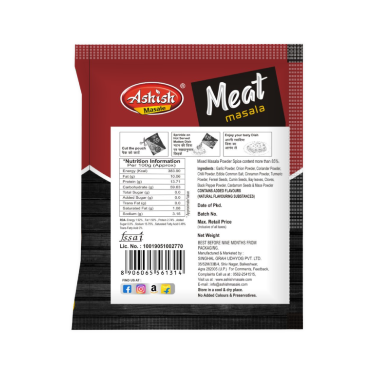 shish Meat Masala nutrition information and ingredients list on pack back
