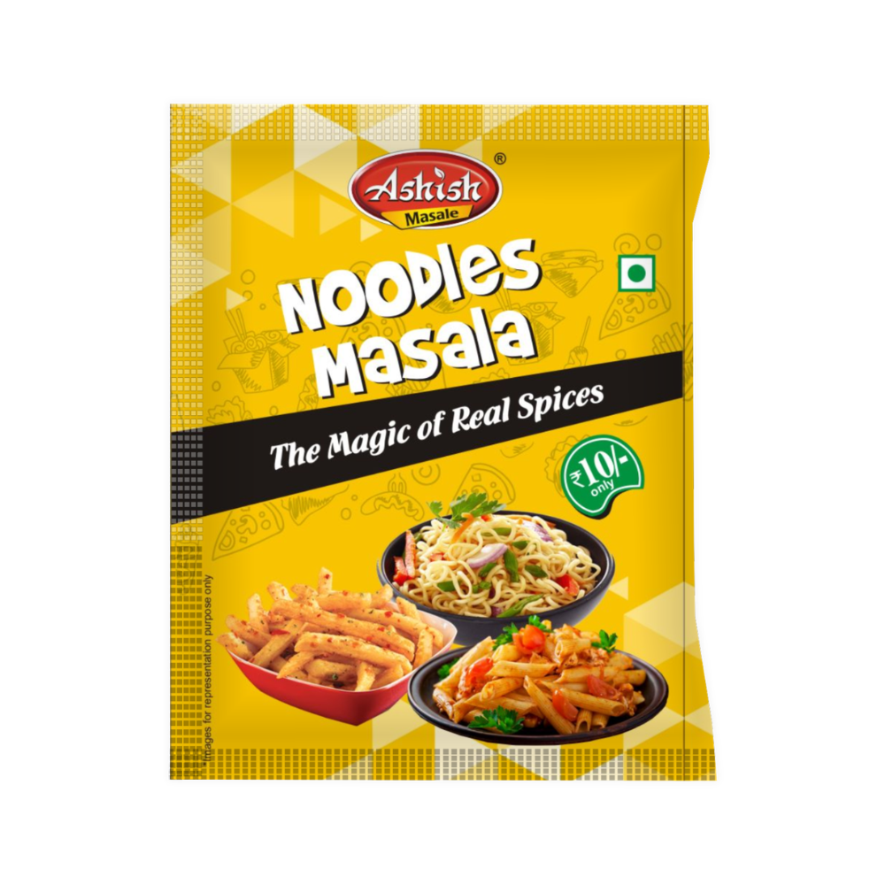 ashish-noodles-masala-front-pack.jpg Ashish Noodles Masala front pack with noodles and fries serving suggestion, MRP Rs 10