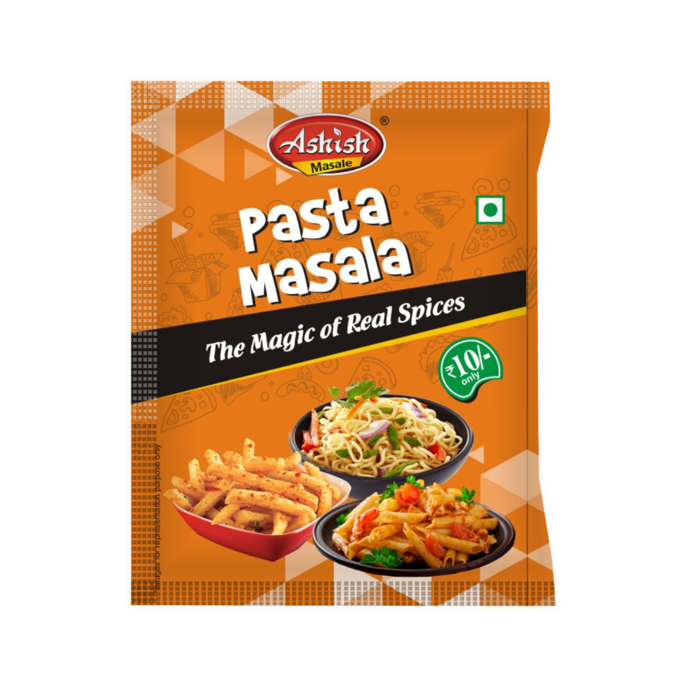 ashish-pasta-masala-front-pack Ashish Pasta Masala front pack with pasta and fries serving suggestion, MRP Rs 10