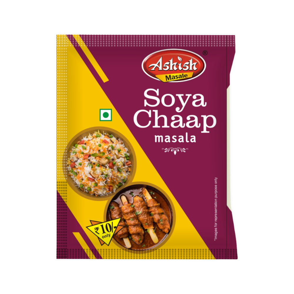 ashish-soya-chaap-masala-front-pack Ashish Soya Chaap Masala front pack with soya chaap skewers and biryani rice, MRP Rs 10