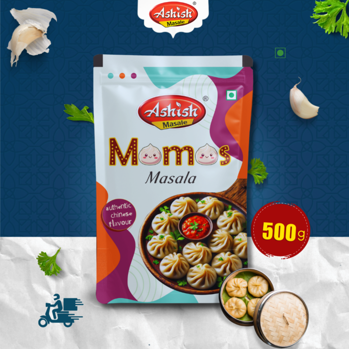 Ashish Momos Masala pack with key product features and serving suggestions.